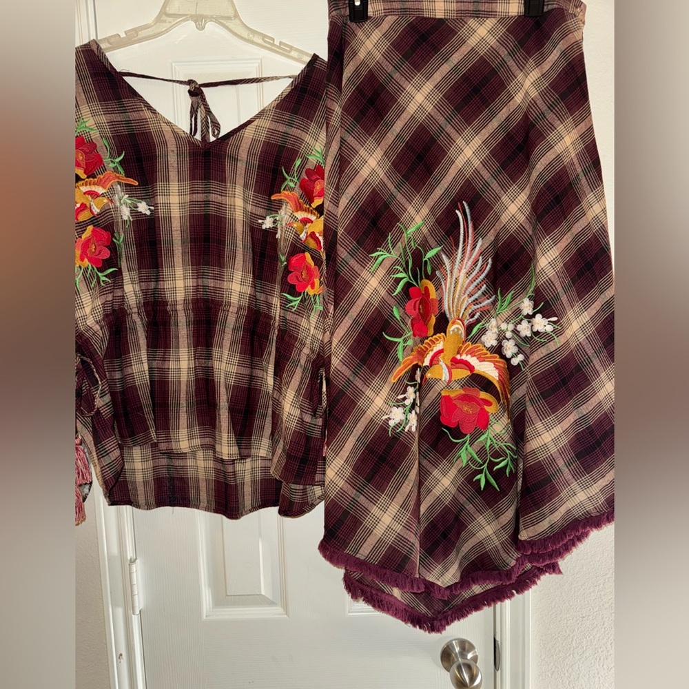 Plaid Top and Skirt Set with Floral Embroidery